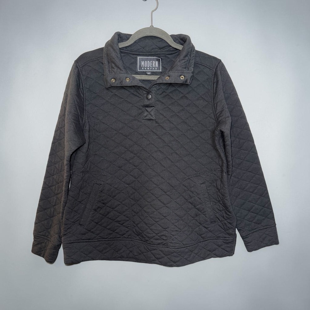 Modern Canvas Women Black Quilted Snap Neck Pullover Sweatshirt Size Large